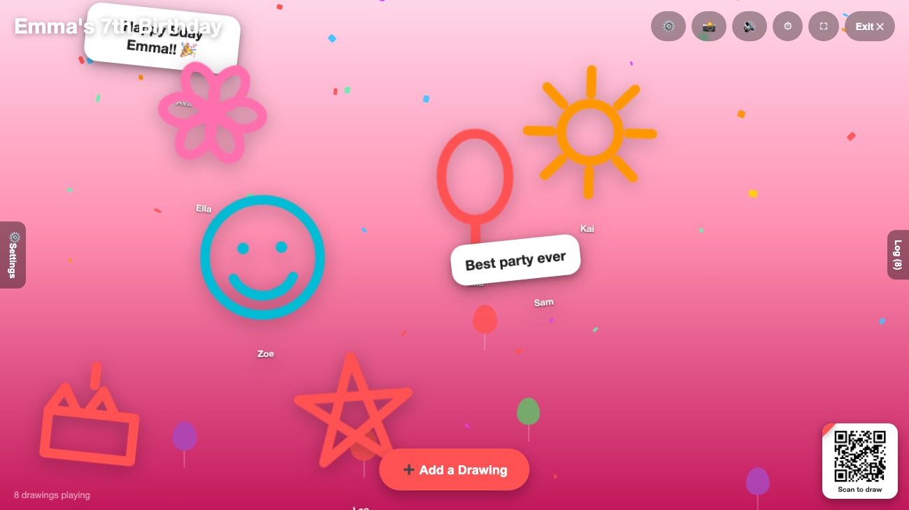 A party-themed drawing wall covered in kids' colorful sketches, balloons, and birthday messages sent in live from phones