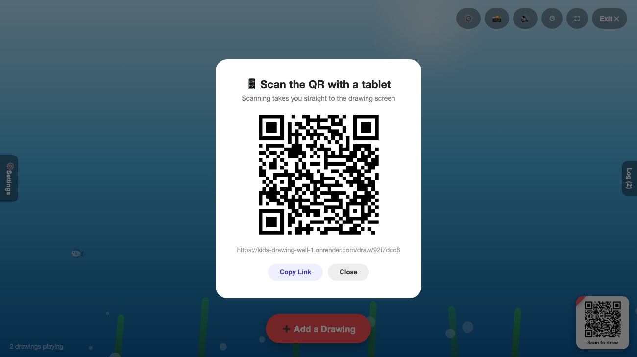 The QR code modal on the big screen, showing the scannable code and drawing link that opens the drawing screen on any phone
